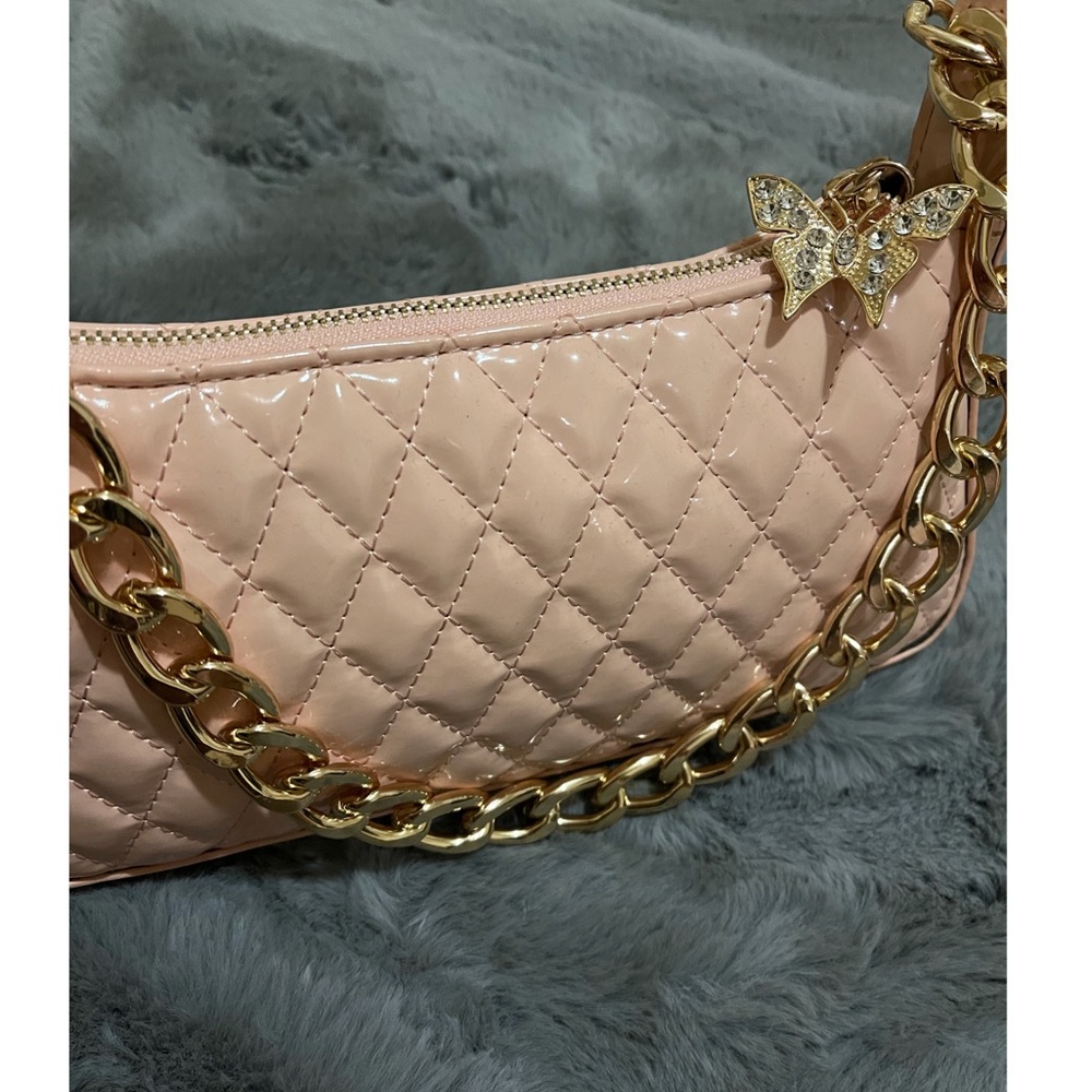 Nude Quilted Gold Chain Diamante Butterfly bag